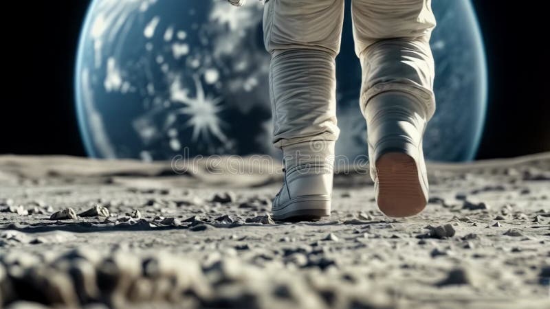 Astronautul care merge pe suprafața lunară cu Pământul vizibil în cerul întunecat, în văzul acoperișurilor spațiale și al terenulu royalty free illustration