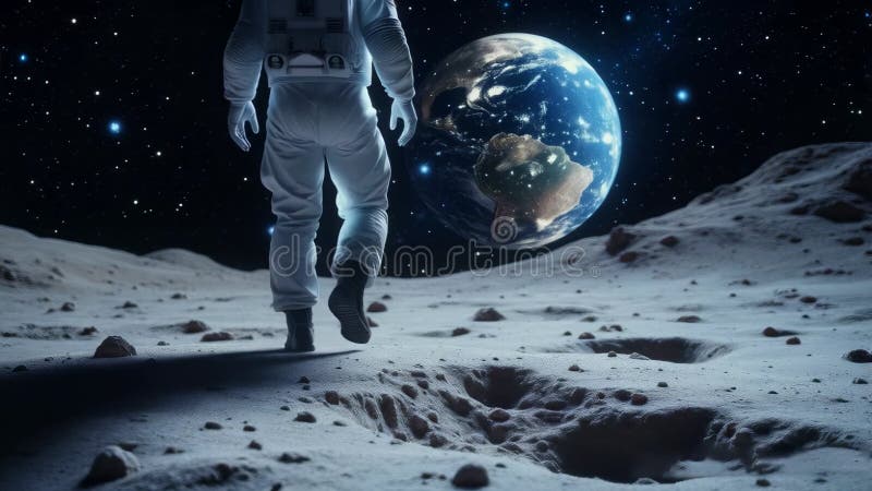 Astronautul care merge pe suprafața lunară cu Pământul vizibil în cerul întunecat, în văzul acoperișurilor spațiale și al terenulu vector illustration