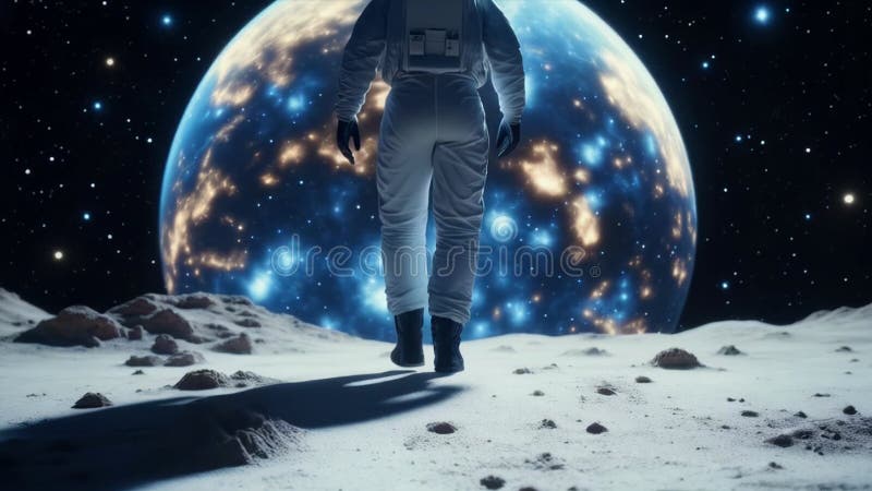 Astronautul care merge pe suprafața lunară cu Pământul vizibil în cerul întunecat, în văzul acoperișurilor spațiale și al terenulu royalty free illustration