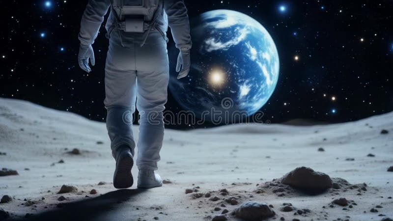 Astronautul care merge pe suprafața lunară cu Pământul vizibil în cerul întunecat, în văzul acoperișurilor spațiale și al terenulu royalty free illustration
