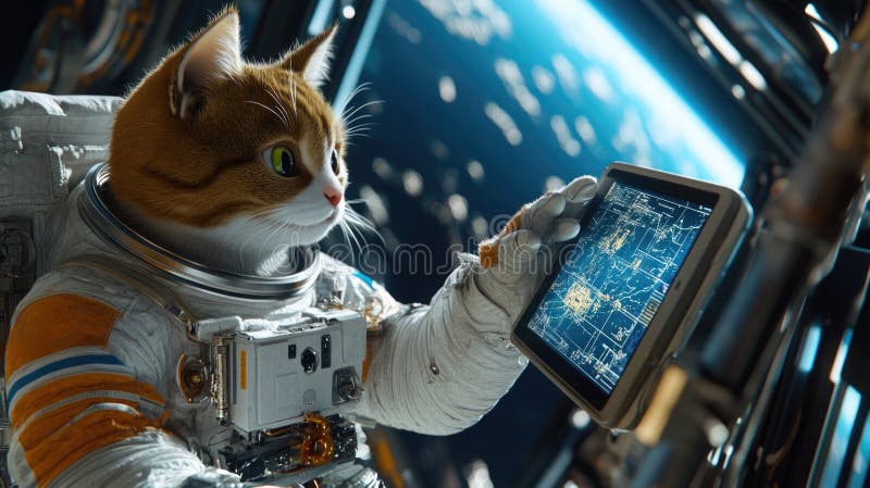 Astronautul Cat explorează spațiul cu tableta Hightech pe orbită royalty free stock photos