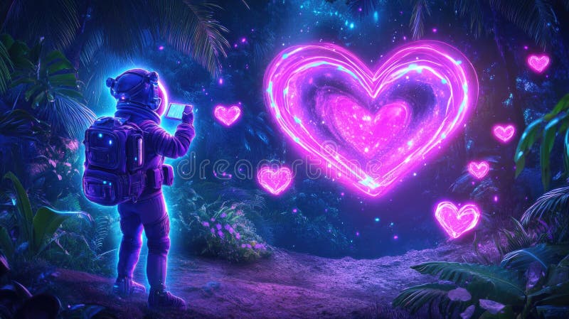 Astronautul explorând galaxia inimii în jungla luxoasă stock photography