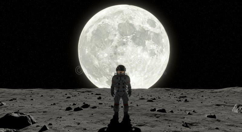 Astronautul explorând lunile sub o noapte strălucitoare cu lună plină royalty free stock photos