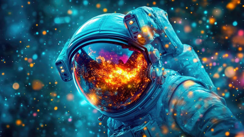 Astronautul explorând minuni cosmice cu reflecții de foc în spațiu stock images