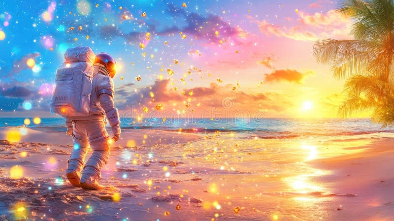Astronautul explorând o plajă tropicală spumoasă la apus de soare vibrant stock image