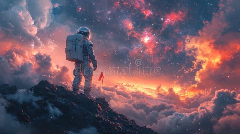 Astronautul explorând peisajul cosmic cu nebuloasă vibrantă deasupra vârfului înnorat la apus royalty free stock photography
