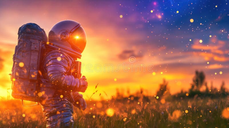 Astronautul explorând peisajul magic al apusului în câmp spumant royalty free stock photos