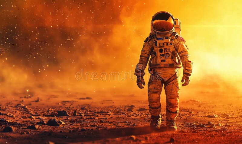 Astronautul explorând peisajul marțian cu ceață portocalie și teren stâncos stock photo