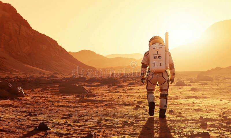 Astronautul explorând peisajul marțian în timpul apusului, cu pământ stâncos și munți stock image