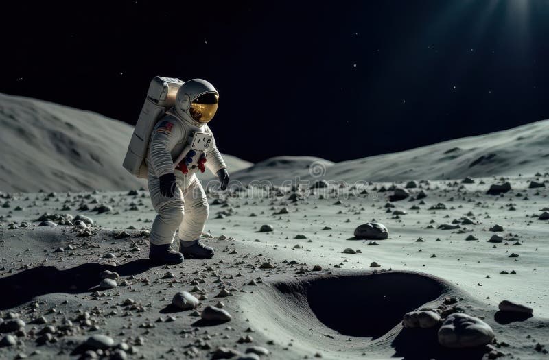 Astronautul Explorând Suprafața Lunară cu Pământul în fundal stock photos