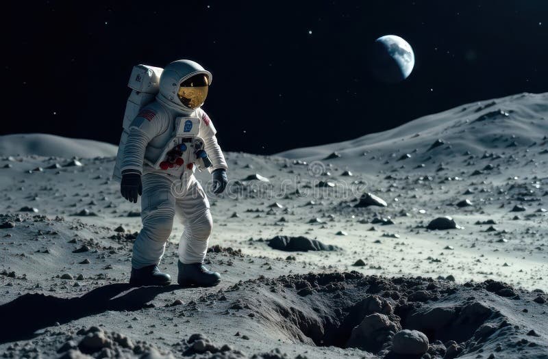 Astronautul Explorând Suprafața Lunară cu Pământul în fundal stock photo