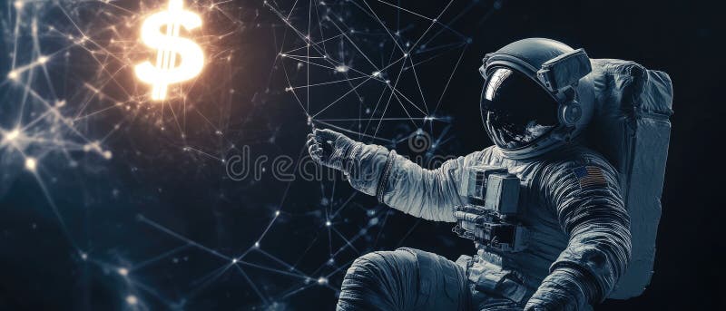 Astronautul futurist Atingerea unui indicator strălucitor al dolarului în designul minimalist al rețelei cibernetice cu fundal înt stock photo