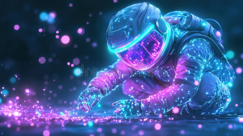 Astronautul futurist explorând o galaxie vibrantă neonlit cu particule strălucitoare stock photography