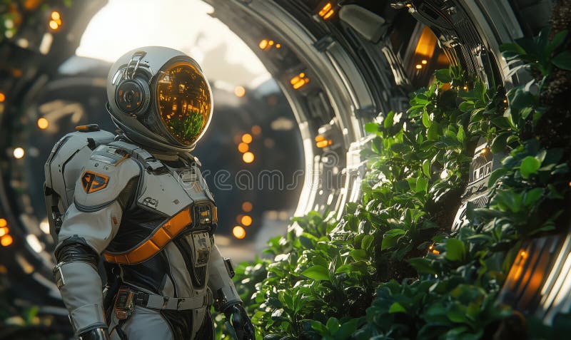 Astronautul futurist explorând verdeața luxoasă în habitatul spațial avansat royalty free stock photos