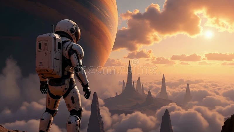 Astronautul futurist sau robotul care se uită în peisajul extraterestru cu formațiuni de roci și nori adiacenți. Scenă science fic royalty free illustration