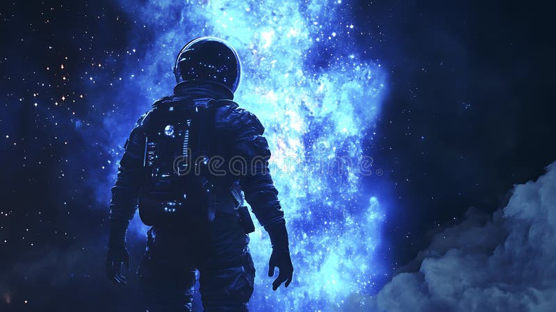 Astronautul galactic explorând norii nebuloși stock photography