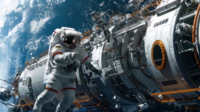 Astronautul plutește în afara stației spațiale sau a navei spațiale om în costum spațial în apropierea navelor spațiale împotriva vector illustration