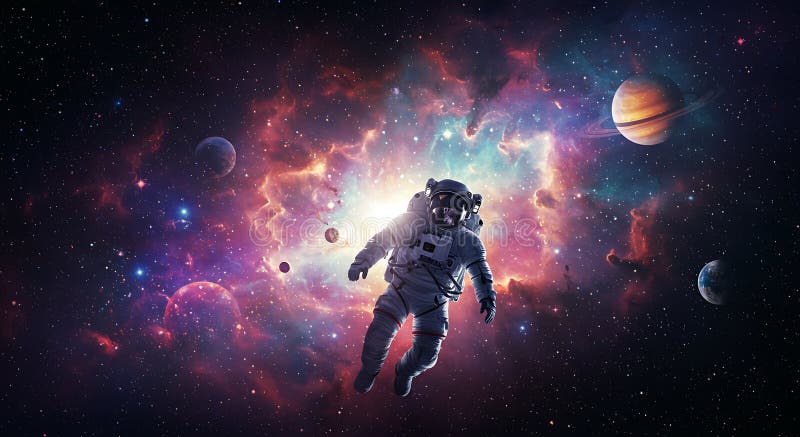 Astronautul plutind în spațiu înconjurat de o nebuloasă vibrantă cu un cosmic colorat vector illustration