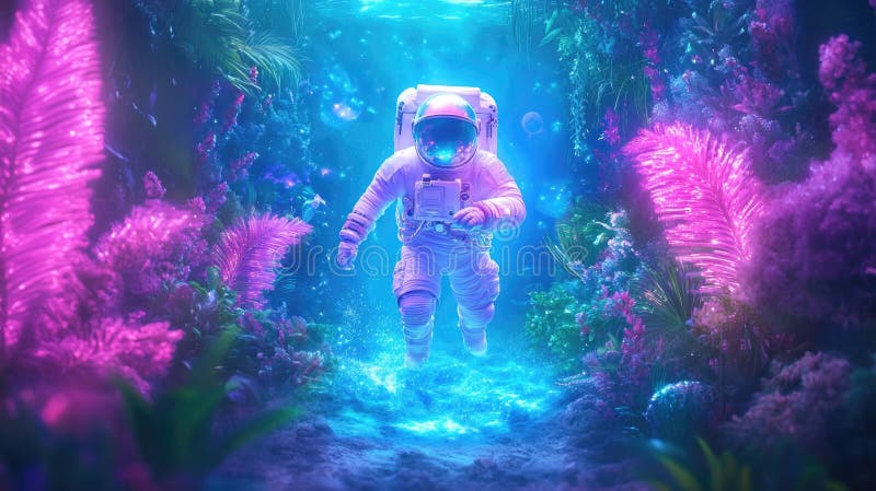 Astronautul subacvatic care explorează reciful coral neon vibrant în scena fanteziei futuriste stock photography