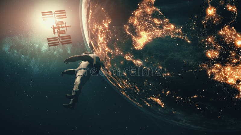 Astronautul în costum spațial alb la Pământul Rotativ stock illustration