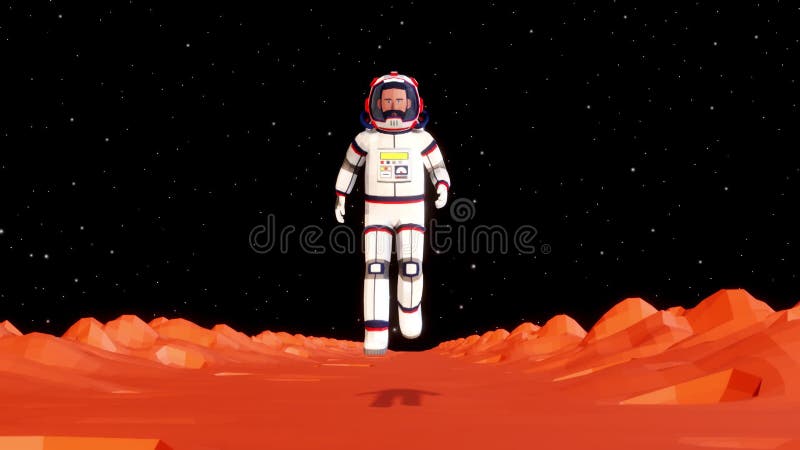 Astronautul în costum spațial mergând pe suprafața lui Marte în gravitație redusă. vector illustration