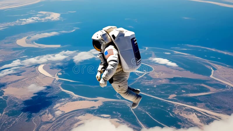 Astronautul în costum spațial plutind deasupra unui peisaj de râuri răsucite și nori de coastă royalty free illustration