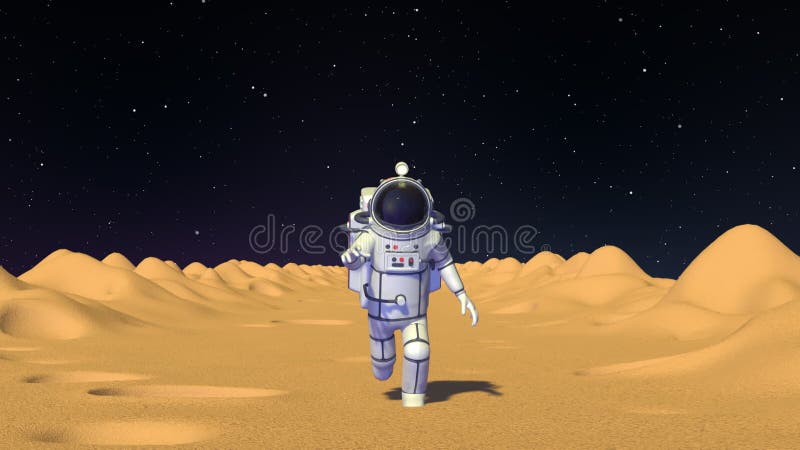 Astronautul în costum spațial rulat cu gravitație redusă pe vedere frontală a suprafeței lunii stock illustration