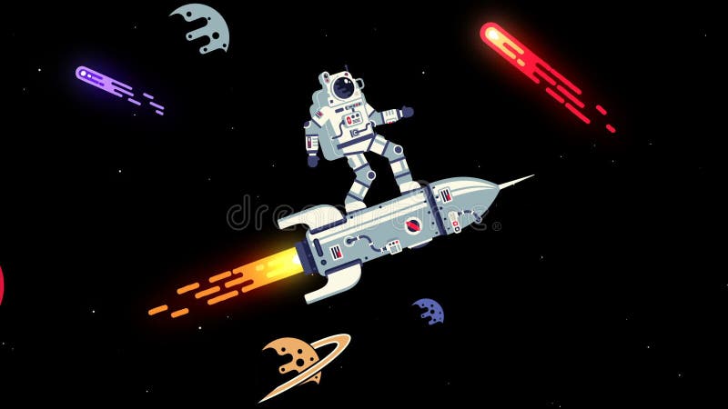 Astronautul în costum spațial zboară pe o rachetă ca un surfer prin spațiu vector illustration