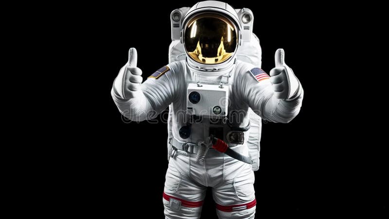 Astronautul în spațiu afișând degete în fundal negru. stock illustration