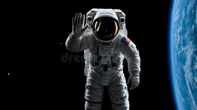 Astronautul în spațiu afișând degete în fundal negru. vector illustration