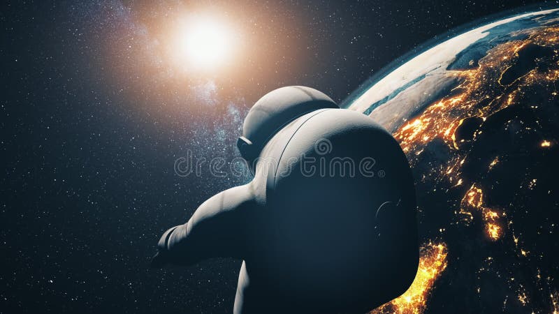 Astronautul în spațiu deasupra pământului luminat royalty free illustration