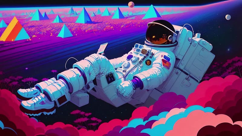 Astronautul într-un costum spațial se află pe un câmp de flori. video generat de Ai stock illustration