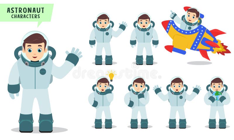 Astronautvektortecken - uppsättning Astronautungar som talar och rider raket med handen, gör en gest och poserar royaltyfri illustrationer