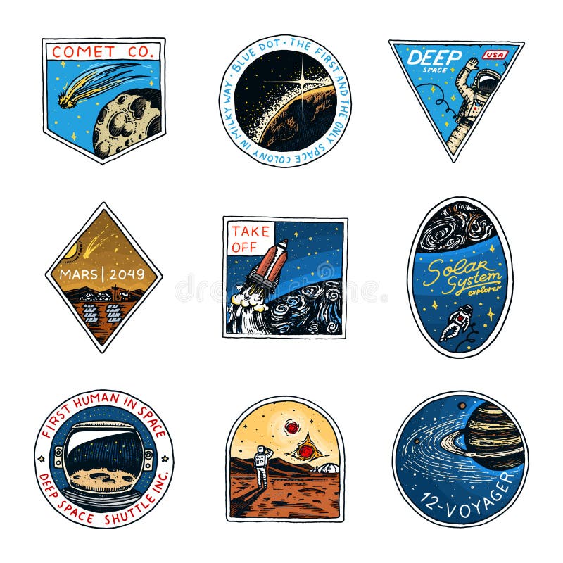 Astronautyczny logo Eksploracja astronomiczny galaxy Misja Mars Astronauta lub kosmita przygoda Planety i ilustracja wektor Astronautyczny logo Eksploracja astronomiczny galaxy Misja Mars Astronauta lub kosmita przygoda Planety i ilustracja wektor