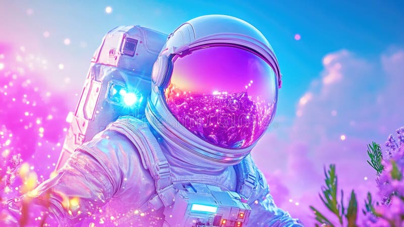 Astronauți explorând câmpuri de levănțică de vis cu o lumină roz futuristă și o atmosferă magică royalty free stock photos