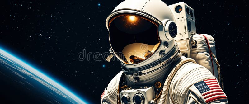 Astronauți explorând spațiu adânc : călătorii spațiale futuriste cu pământul în fundal stock photo