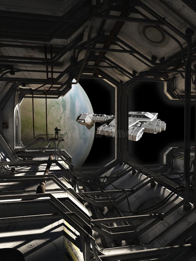 Science fiction spaceship leaving dock watched by a space marine guard, 3d digitally rendered illustration. Science fiction spaceship leaving dock watched by a space marine guard, 3d digitally rendered illustration