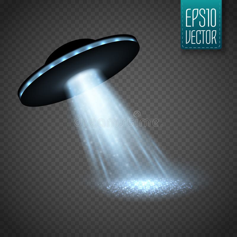 Astronave del UFO con il raggio luminoso sul fondo del transparnt Vettore illustrazione vettoriale