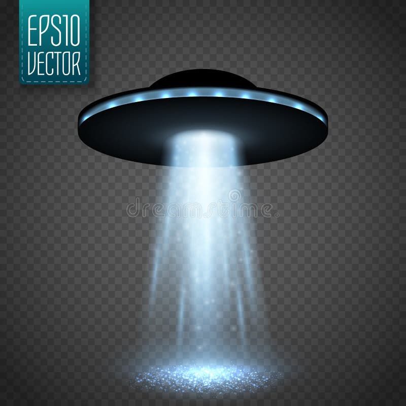 Astronave del UFO con il raggio luminoso sul fondo del transparnt Vettore royalty illustrazione gratis