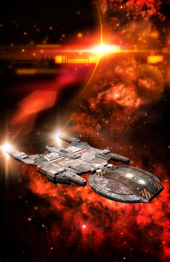 Spaceship and red nebula 3D render science fiction illustration. Spaceship and red nebula 3D render science fiction illustration