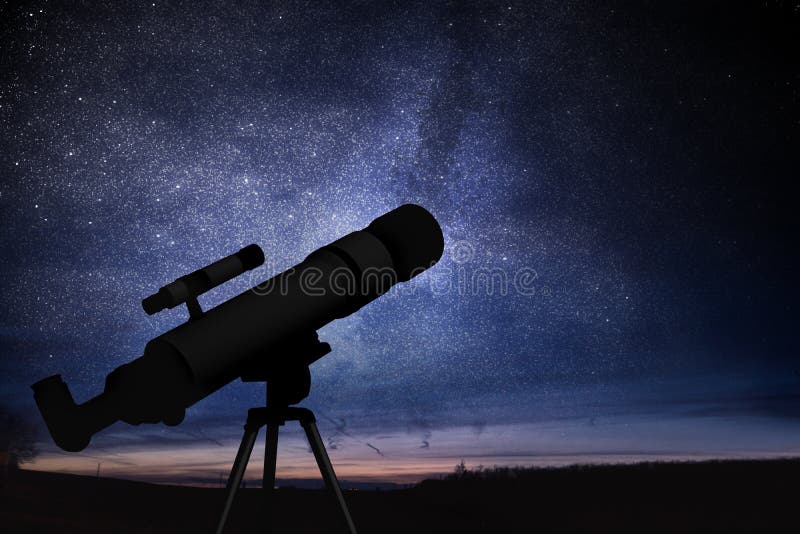 Astronomi och stjärnor observera begrepp Kontur av teleskopet och himmel för stjärnklar natt i bakgrund