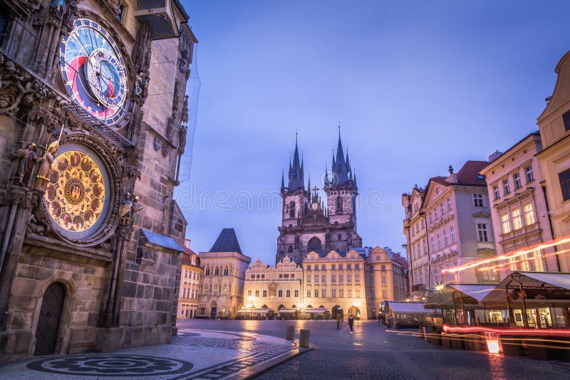 Astronomical clock, Tyn church and old town hall tower in Prague, Czech republic