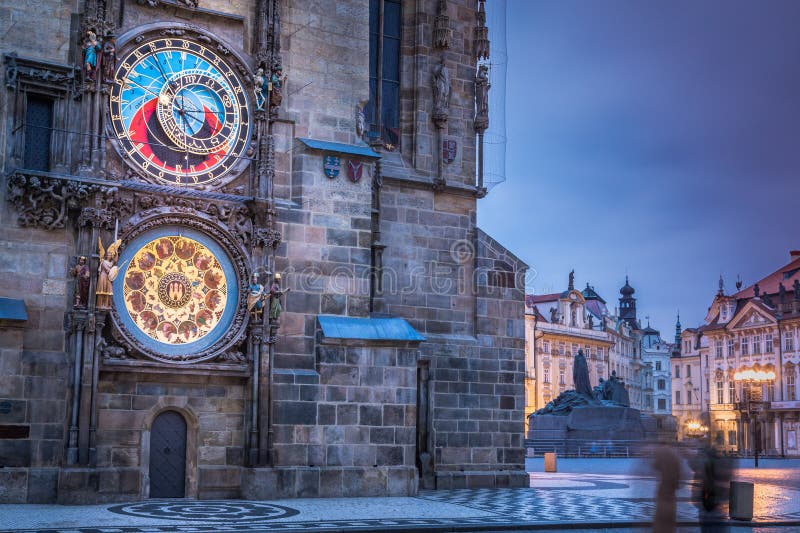 Astronomical clock, Tyn church and old town hall tower in Prague, Czech republic