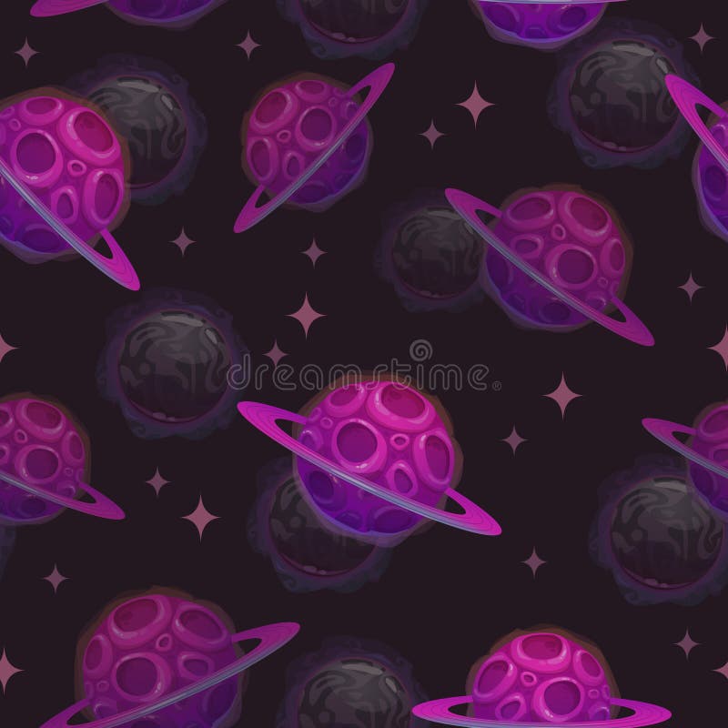 Astronomisches nahtloses Muster der Karikatur mit purpurroten Planeten und Sternen auf dem Hintergrund des dunklen Raumes stock abbildung Astronomisches nahtloses Muster der Karikatur mit purpurroten Planeten und Sternen auf dem Hintergrund des dunklen Raumes stock abbildung