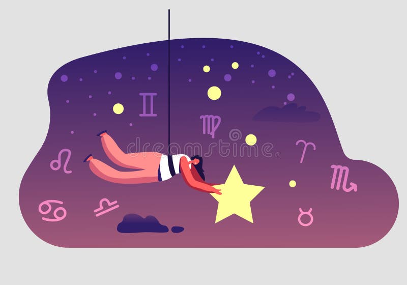 Astronomy or Astrology Science Concept. Character Hanging on Rope Holding Star in Hands among Zodiac Constellation