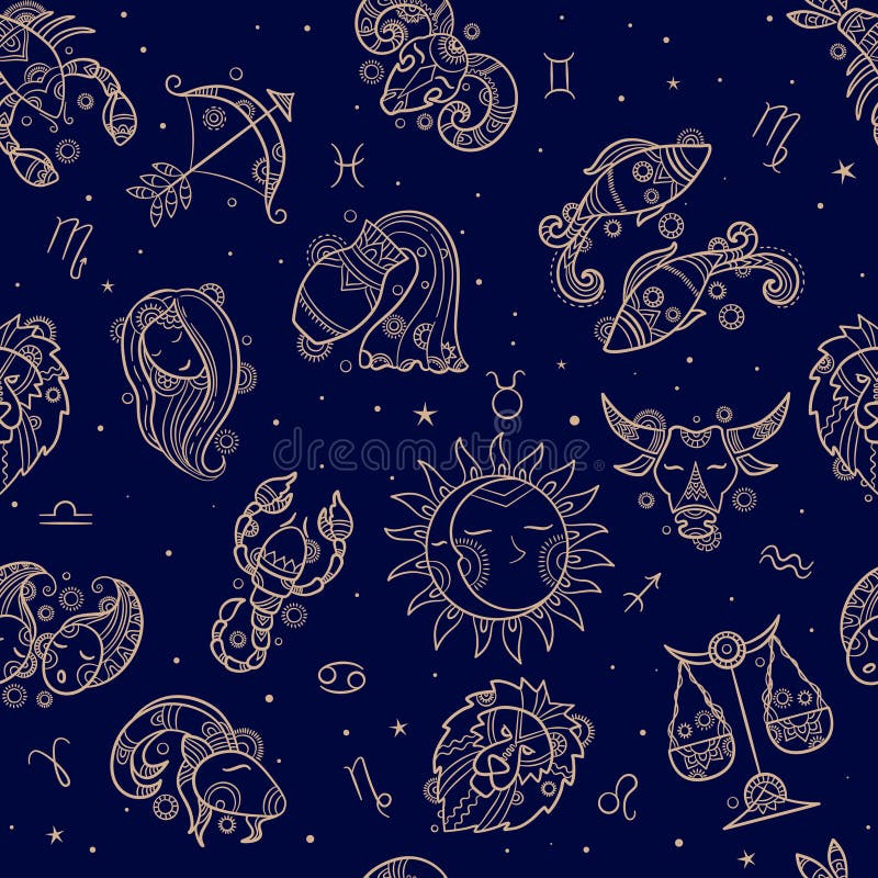 Astronomy Seamless. Drawn Zodiac Symbols Textile Pattern Design ...