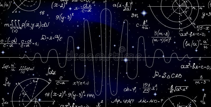 Astrophysics vector seamless background with handwritten math plots, figures, tasks