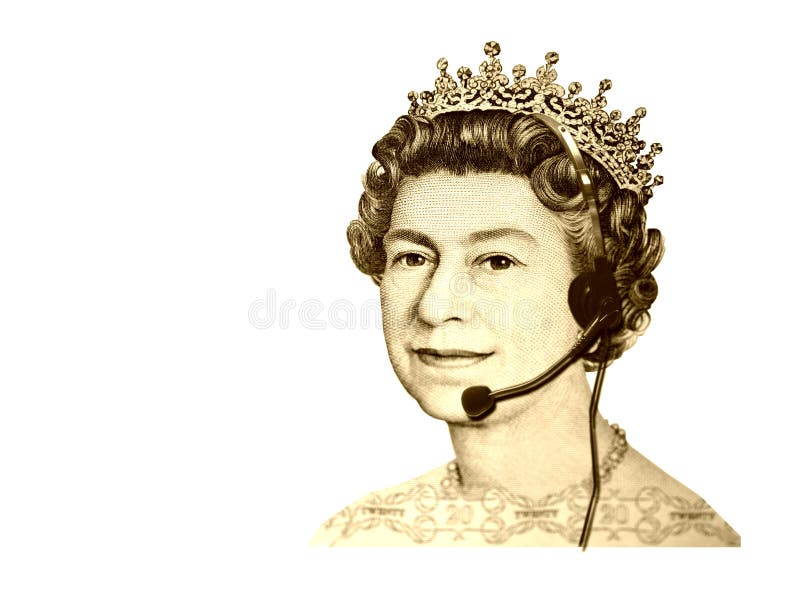 Conceptual business/customer service. The head of England currency- Queen, with headset. Isolated. Conceptual business/customer service. The head of England currency- Queen, with headset. Isolated
