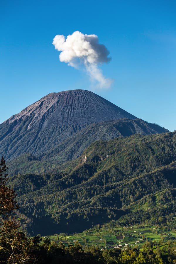 Aswolk die in Semeru Volcano Mountain, Java, Indonesi toenemen
