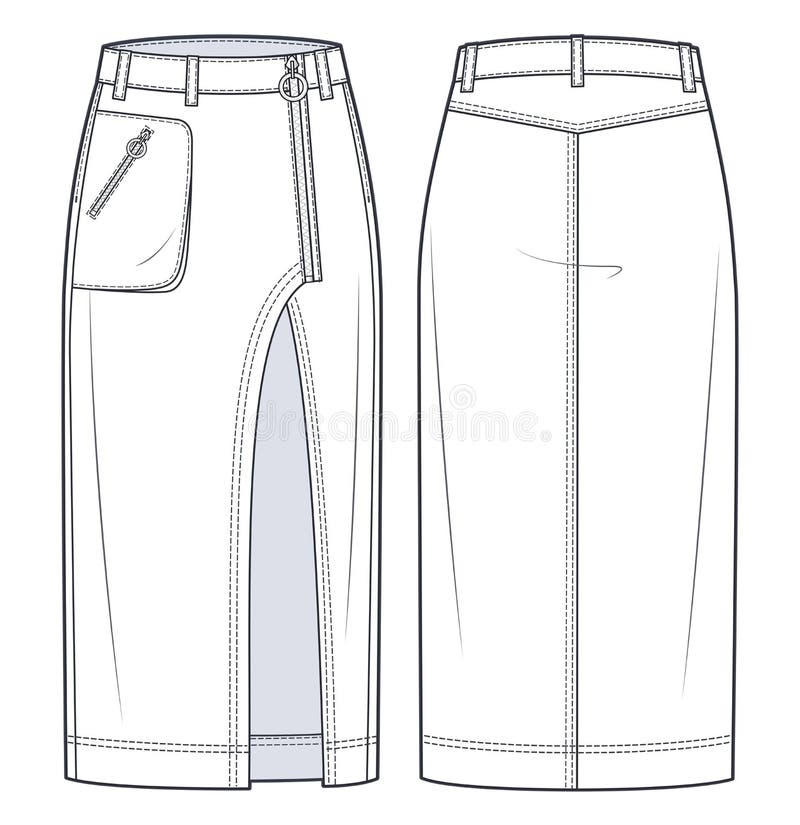 Asymmetric Denim Skirt Technical Fashion Illustration. Midi Skirt ...